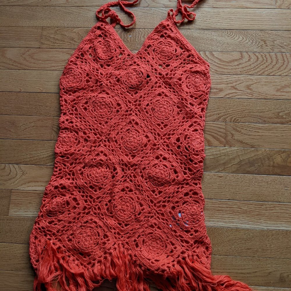 Forever 21 Women's Small Orange Crochet Tie Halter Top Bathing Suit Coverup